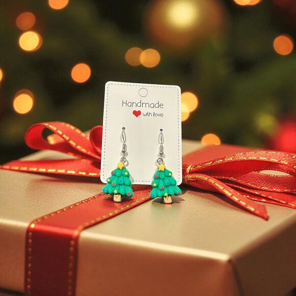 Handmade Christmas Tree Earrings | Polymer Clay Holiday Jewelry - Picture 2 of 7